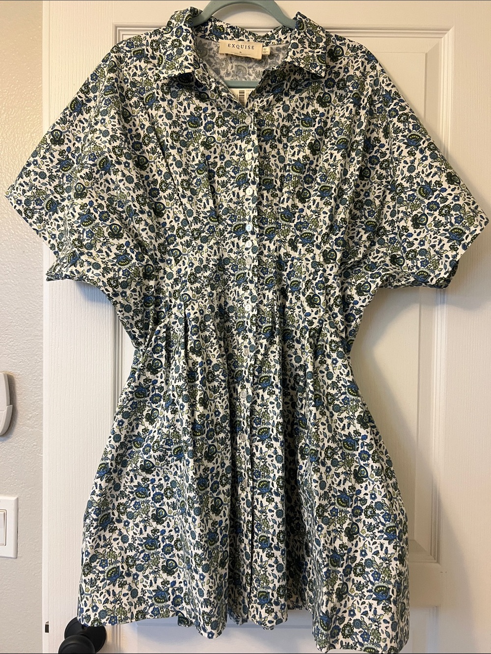 NWT Exquise Women's Blue & Green Floral Shirt Dress SIZE XL